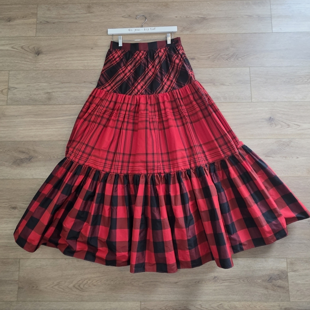 NEW Brooks Brothers Tiered Taffeta Tartan Red Black Maxi Skirt Size 6